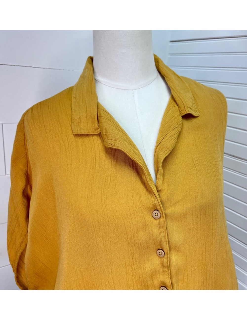 Prana Permilla Blouse Mustard Yellow Button Front Short Sleeve Top Size M - Picture 7 of 9